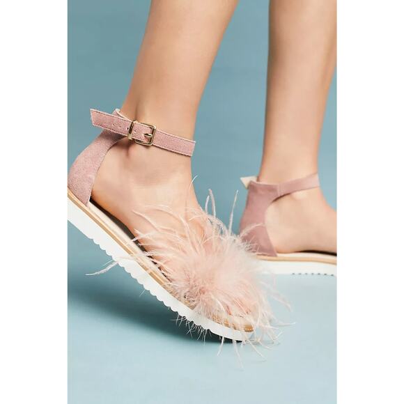 Seychelles Ruffle A Few Pink Peach Maribou Feather Ankle Strap Sandal Sz 9 $110 - Picture 1 of 10